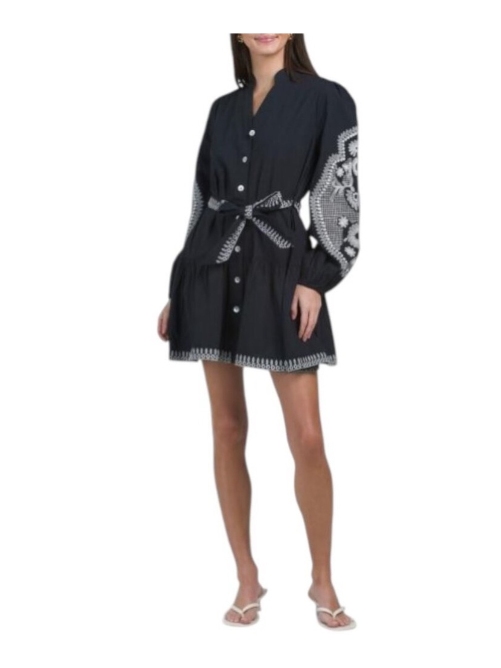 7 For All Man Kind Med Embroidered Black Button-Front Mini Dress with Tie Waist